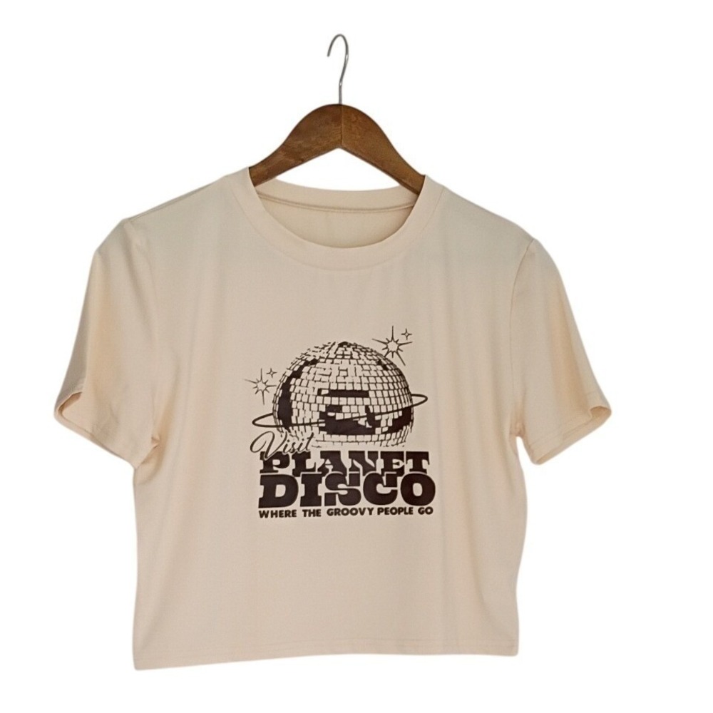 Visit Planet Disco Graphic Crop Top Cream Retro 70s Groovy Short Sleeve Fits‎ S